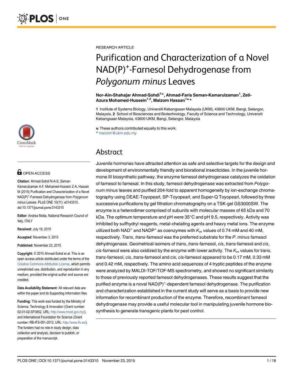 Purification and Characterization of a Novel NAD (P)+-Farnesol