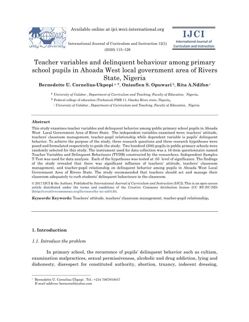 Teacher Variables and Delinquent Behaviour Among Primary School Pupils in Ahoada West Local Government Area of Rivers State, Nigeria Bernedette U