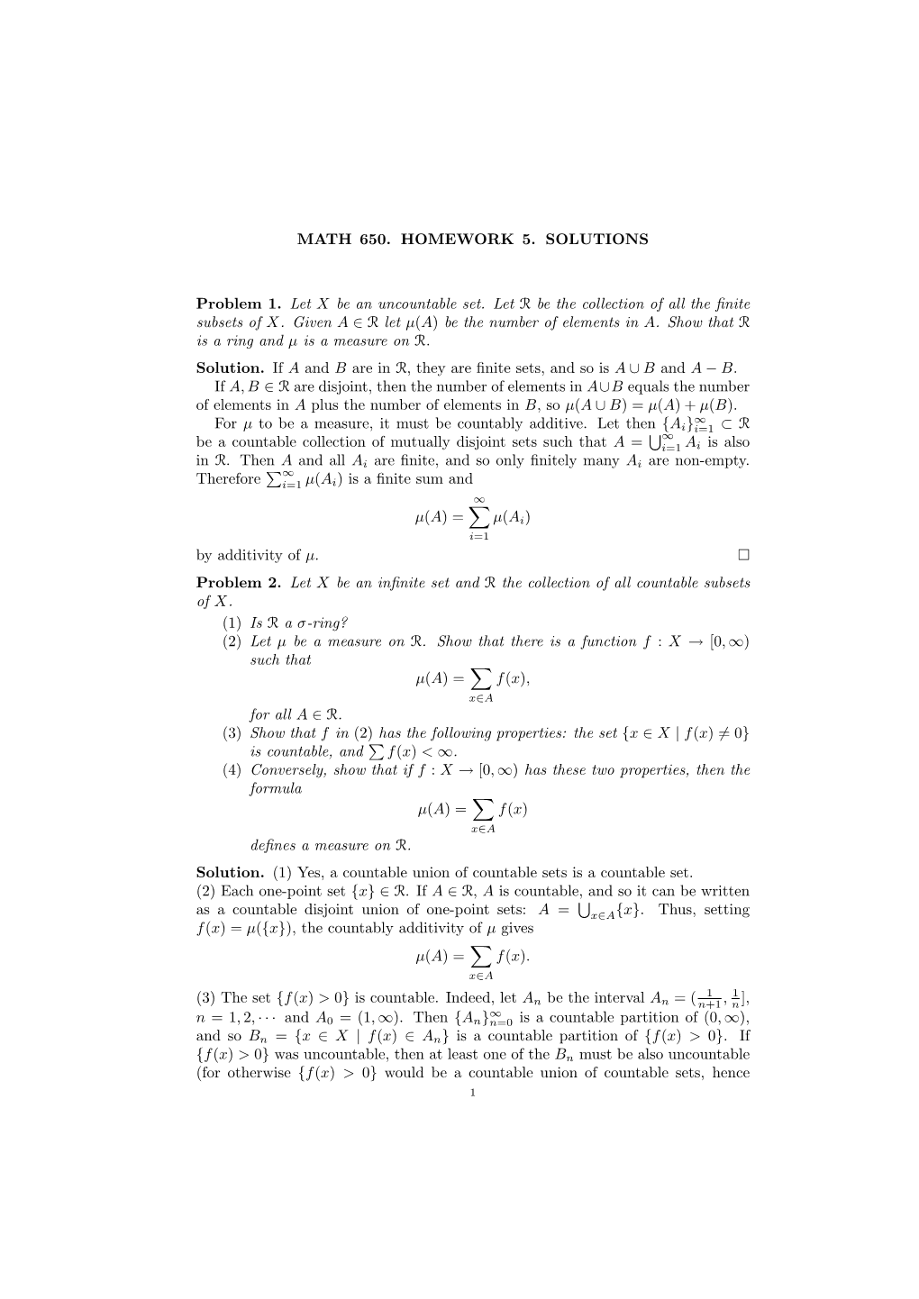 MATH 650. HOMEWORK 5. SOLUTIONS Problem 1. Let X Be