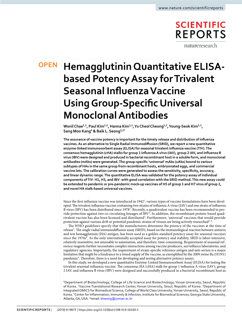 Based Potency Assay for Trivalent Seasonal Influenza Vaccine Using