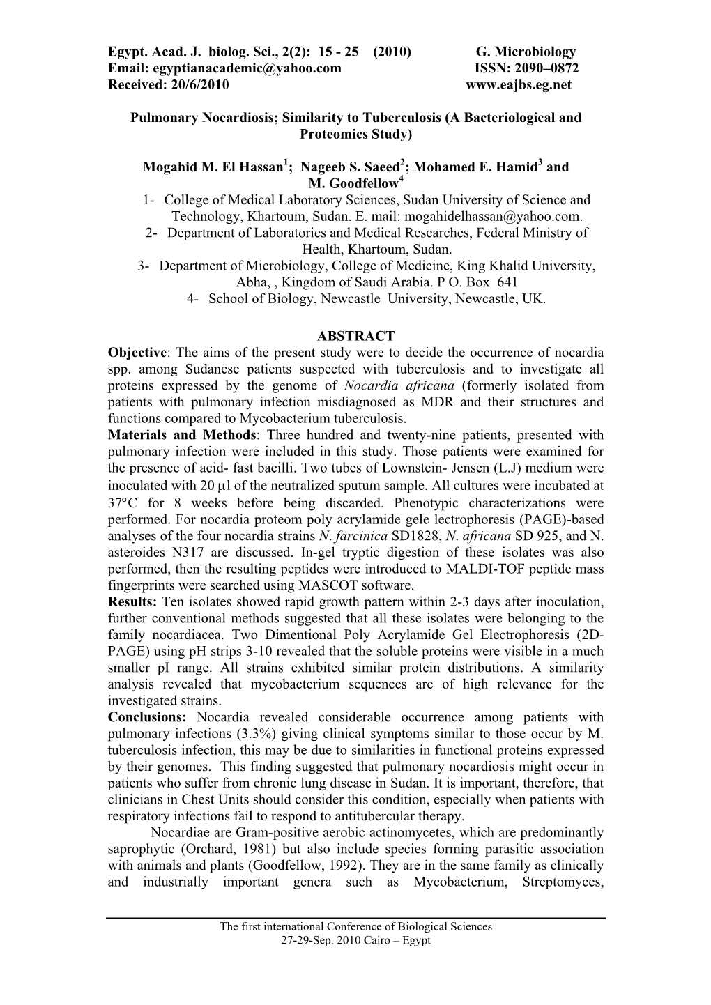 Pulmonary Nocardiosis; Similarity to Tuberculosis (A Bacteriological and Proteomics Study)