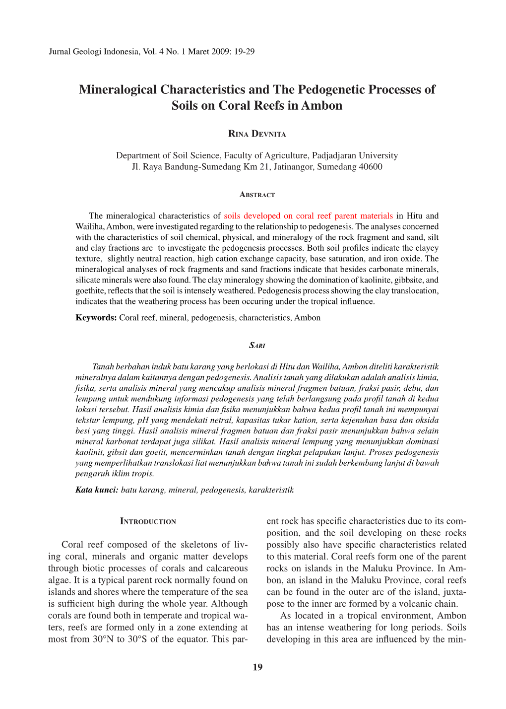 Mineralogical Characteristics and the Pedogenetic Processes of Soils on Coral Reefs in Ambon