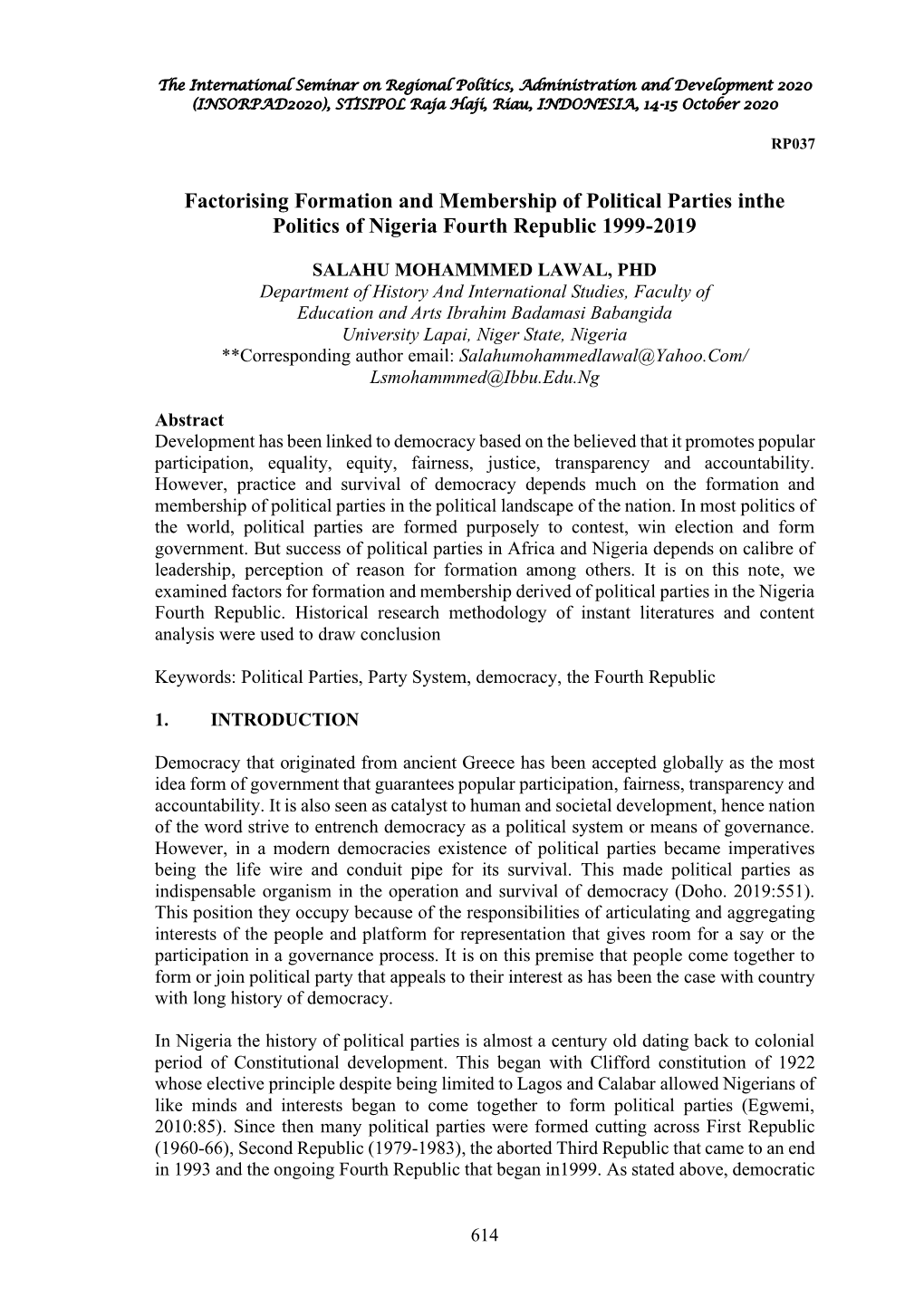 Factorising Formation and Membership of Political Parties Inthe Politics of Nigeria Fourth Republic 1999-2019