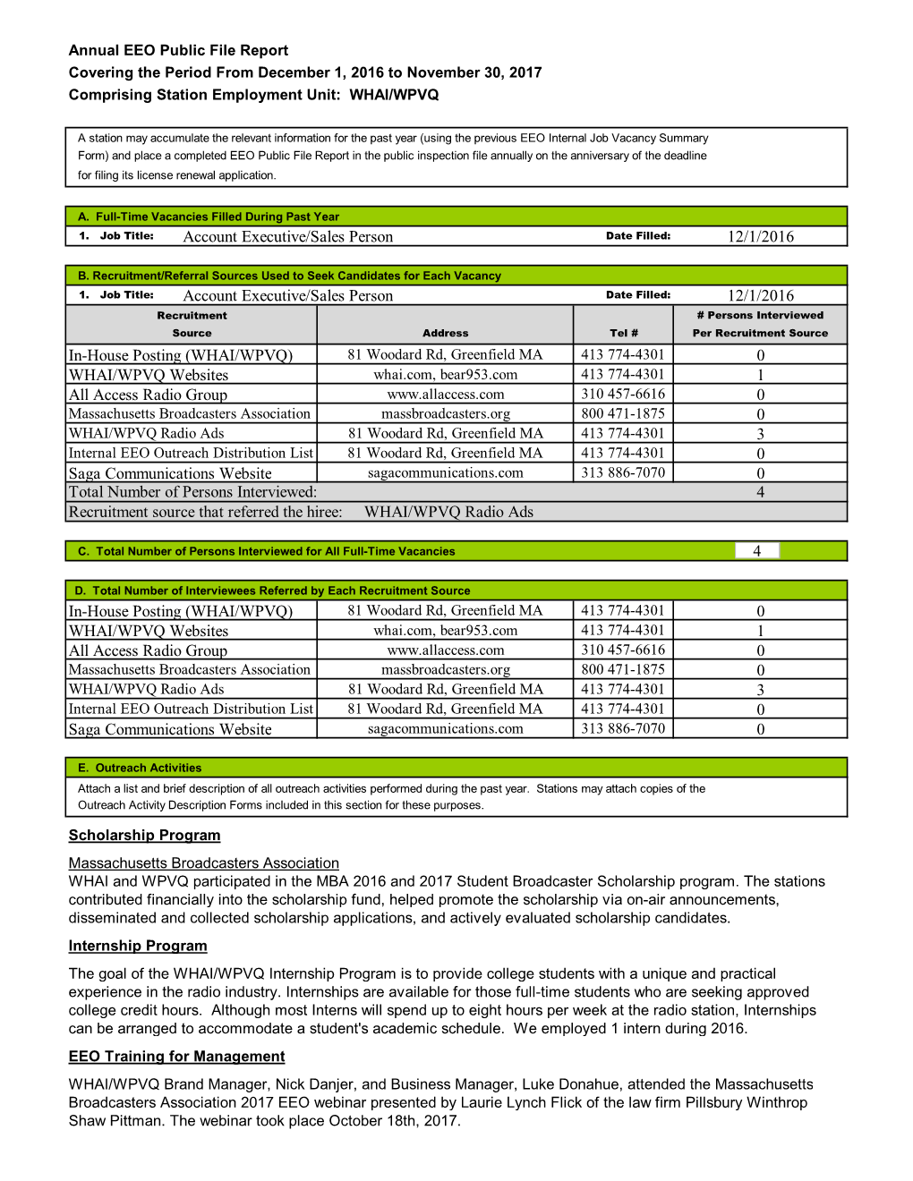 2017 EEO Public File Report Greenfield