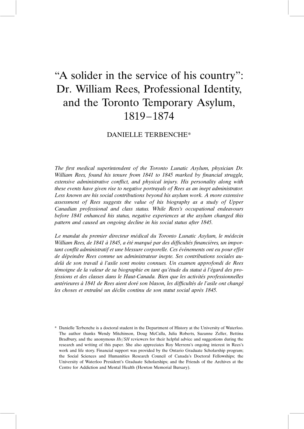 Dr. William Rees, Professional Identity, and the Toronto Temporary Asylum, 1819–1874