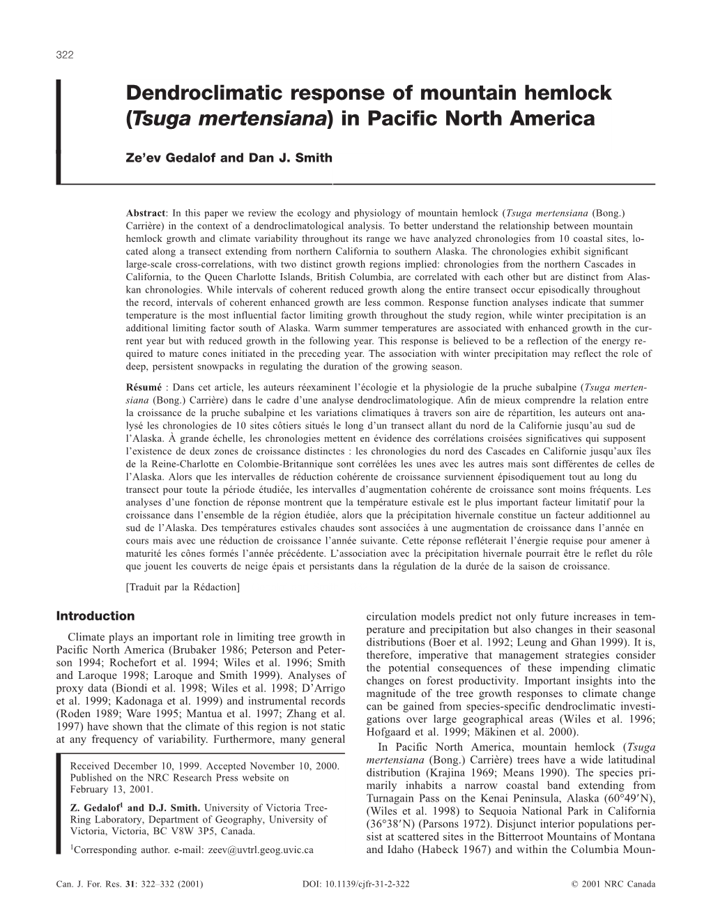 Dendroclimatic Response of Mountain Hemlock (Tsuga Mertensiana) in Pacific North America