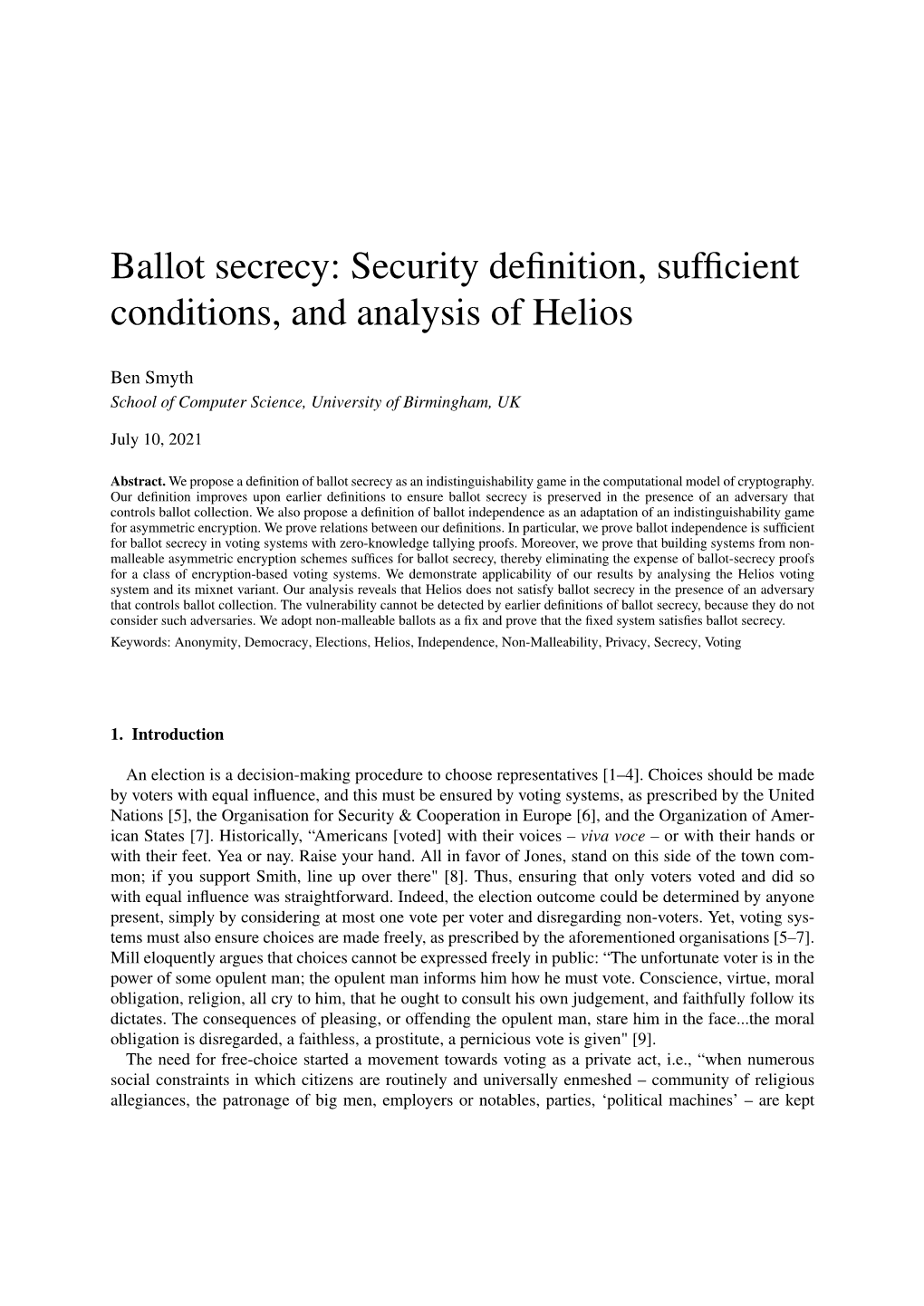 Ballot Secrecy: Security Definition, Sufficient Conditions, and Analysis Of