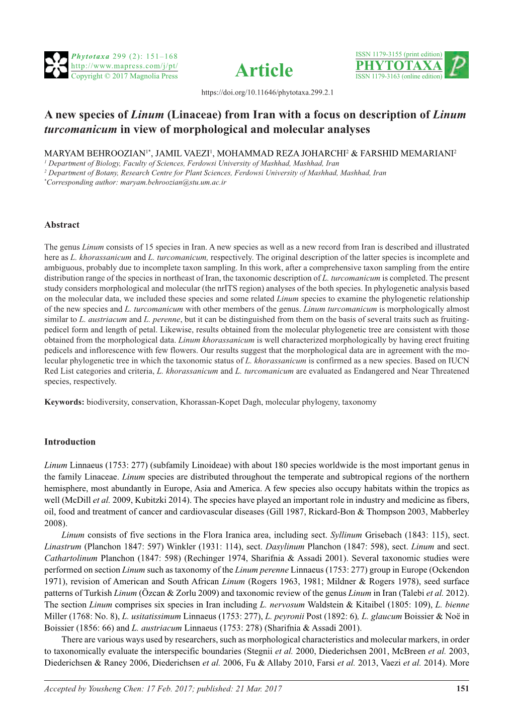 A New Species of Linum (Linaceae) from Iran with a Focus on Description of Linum Turcomanicum in View of Morphological and Molecular Analyses