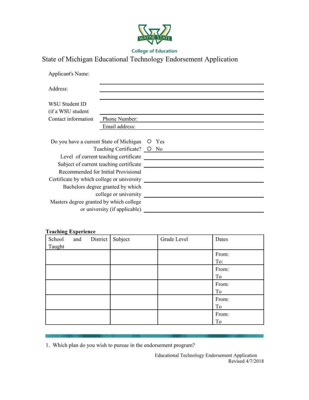 State of Michigan Educational Technology Endorsement Application