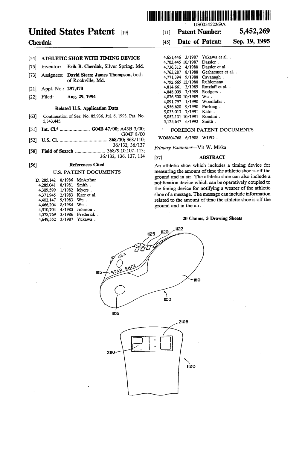United States Patent (19) 11 Patent Number: 5,452,269 Cherdak (45) Date of Patent: Sep