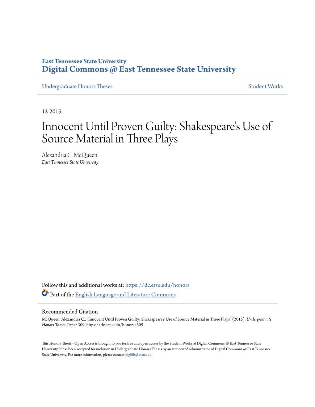 Shakespeare's Use of Source Material in Three Plays Alexandria C