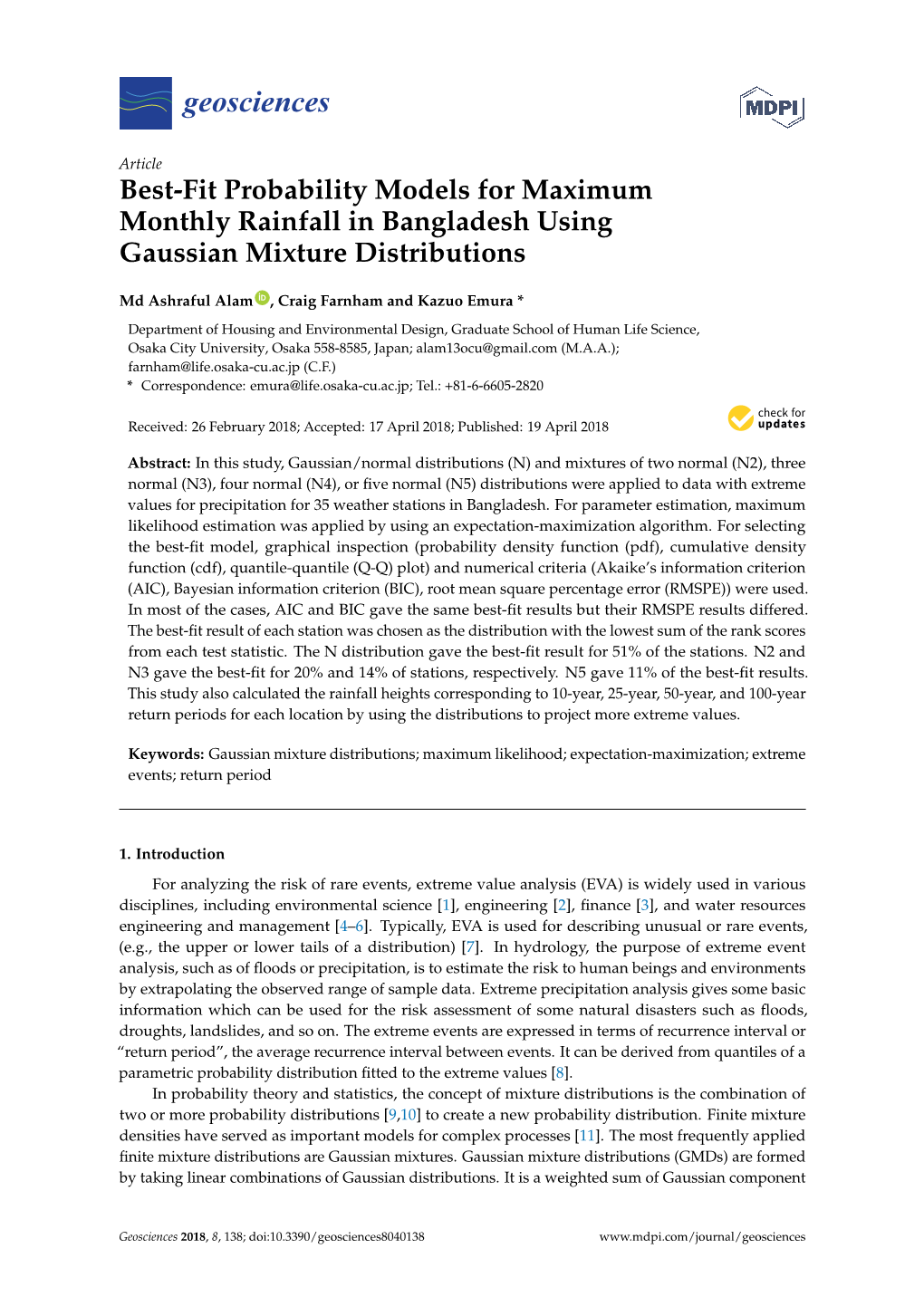 Best-Fit Probability Models for Maximum Monthly Rainfall in Bangladesh Using Gaussian Mixture Distributions