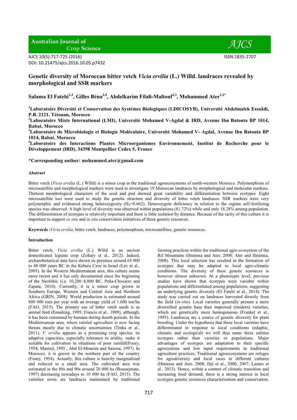 Genetic Diversity of Moroccan Bitter Vetch Vicia Ervilia (L.) Willd