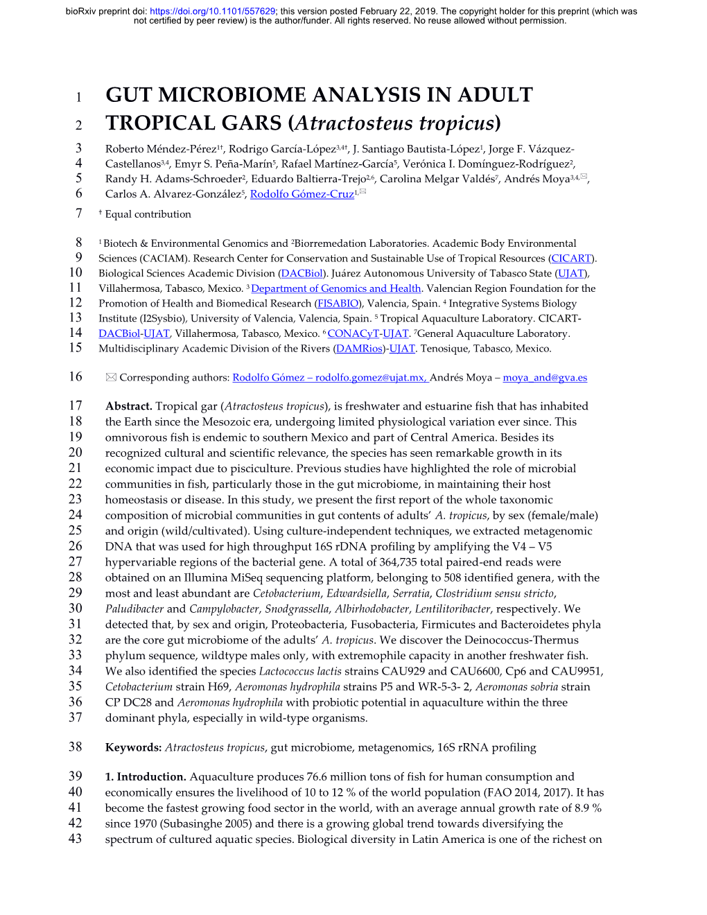 Gut Microbiome Analysis in Adult Tropical Gars