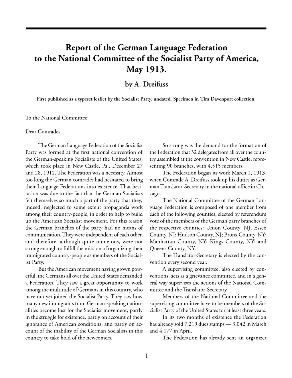 Report of the German Language Federation to the National Committee of the Socialist Party of America, May 1913