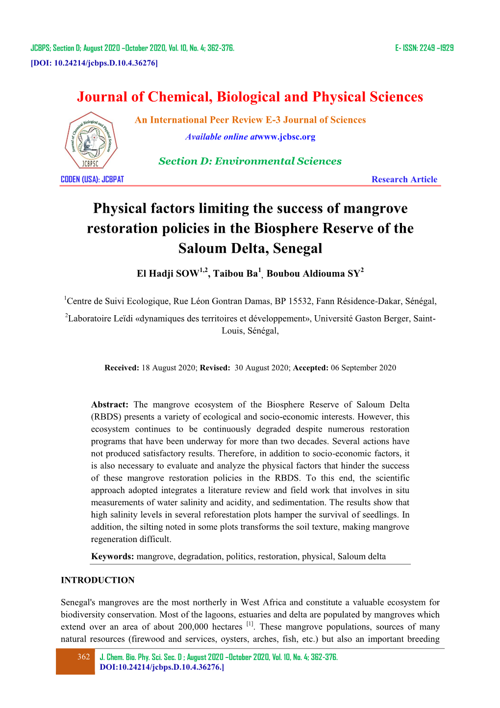 Journal of Chemical, Biological and Physical Sciences Physical Factors