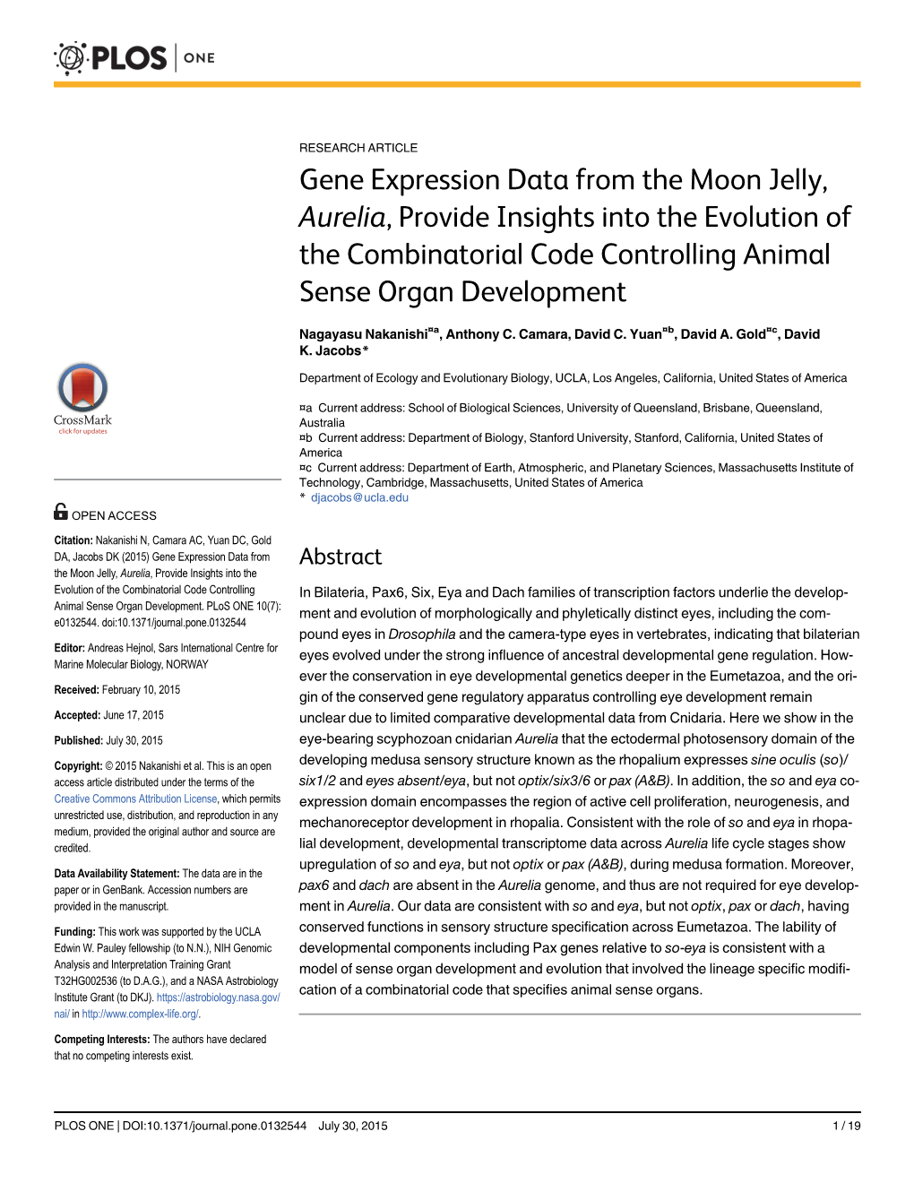 Gene Expression Data from the Moon Jelly, Aurelia, Provide Insights Into the Evolution of the Combinatorial Code Controlling Animal Sense Organ Development