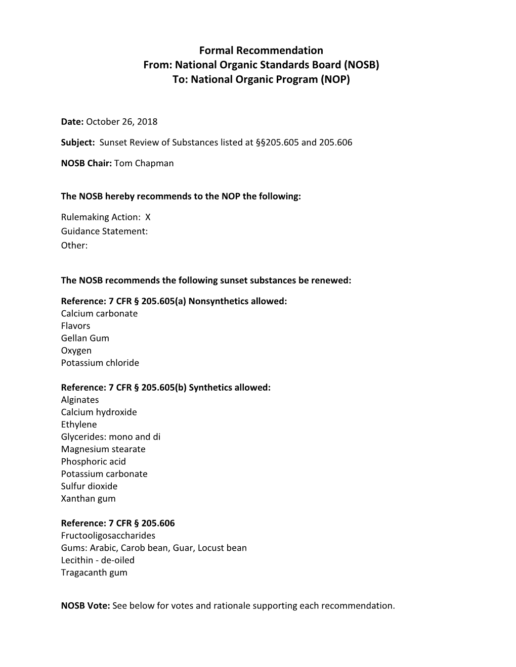 NOSB-Handling: Sunset Review of Substances Listed at §§205.605 And