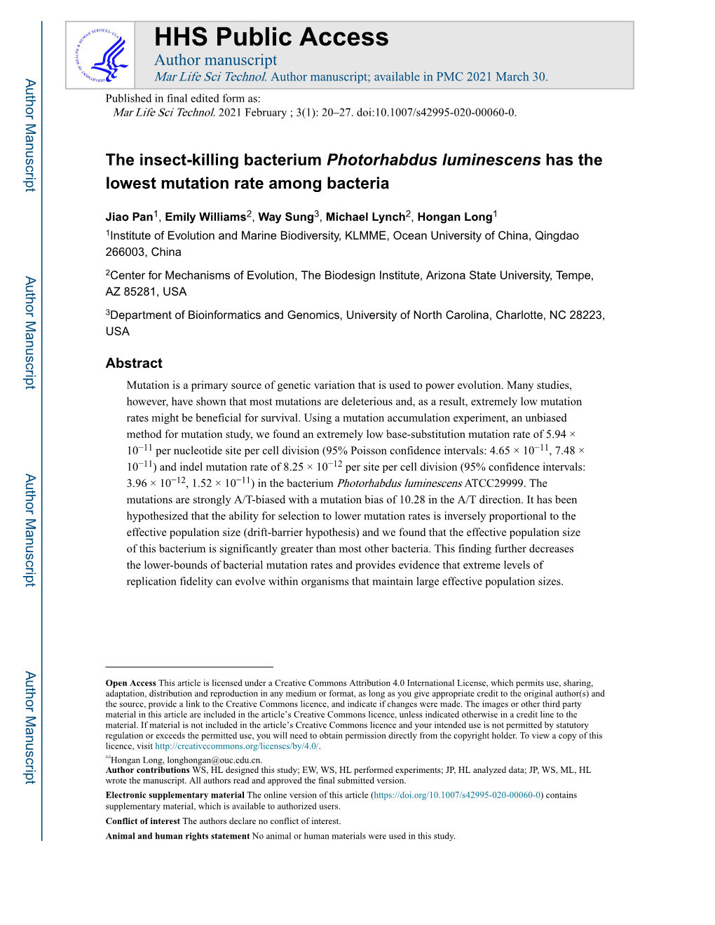 The Insect-Killing Bacterium Photorhabdus Luminescens Has the Lowest Mutation Rate Among Bacteria