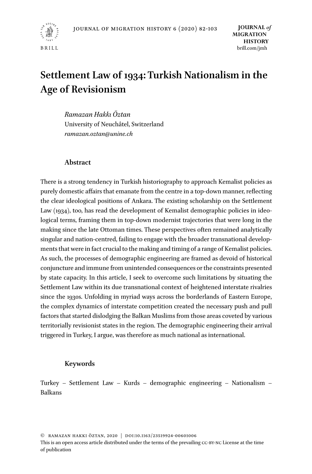 Settlement Law of 1934: Turkish Nationalism in the Age of Revisionism