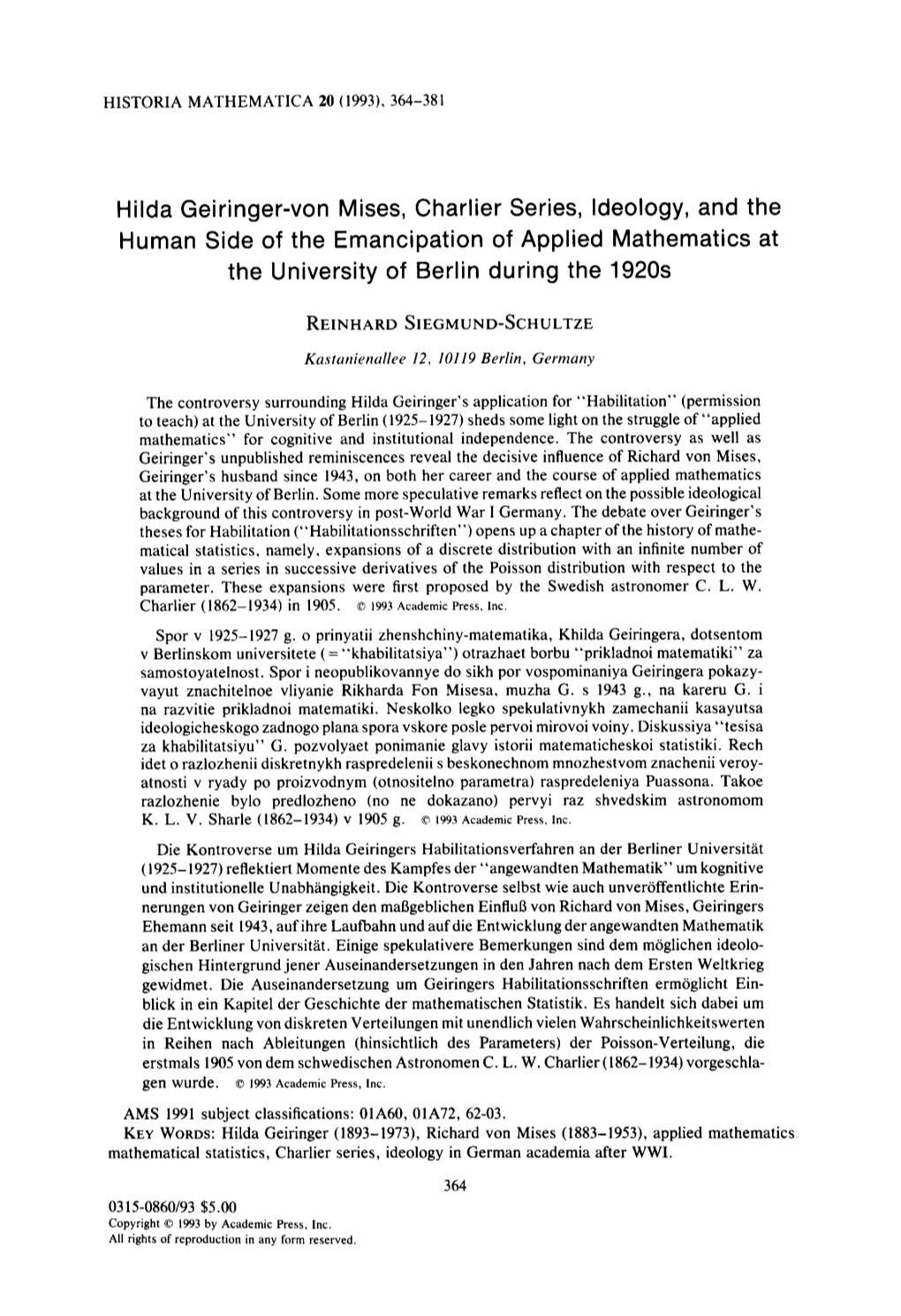 Hilda Geiringer-Von Mises, Charlier Series, Ideology, and the Human Side of the Emancipation of Applied Mathematics at the University of Berlin During the 1920S