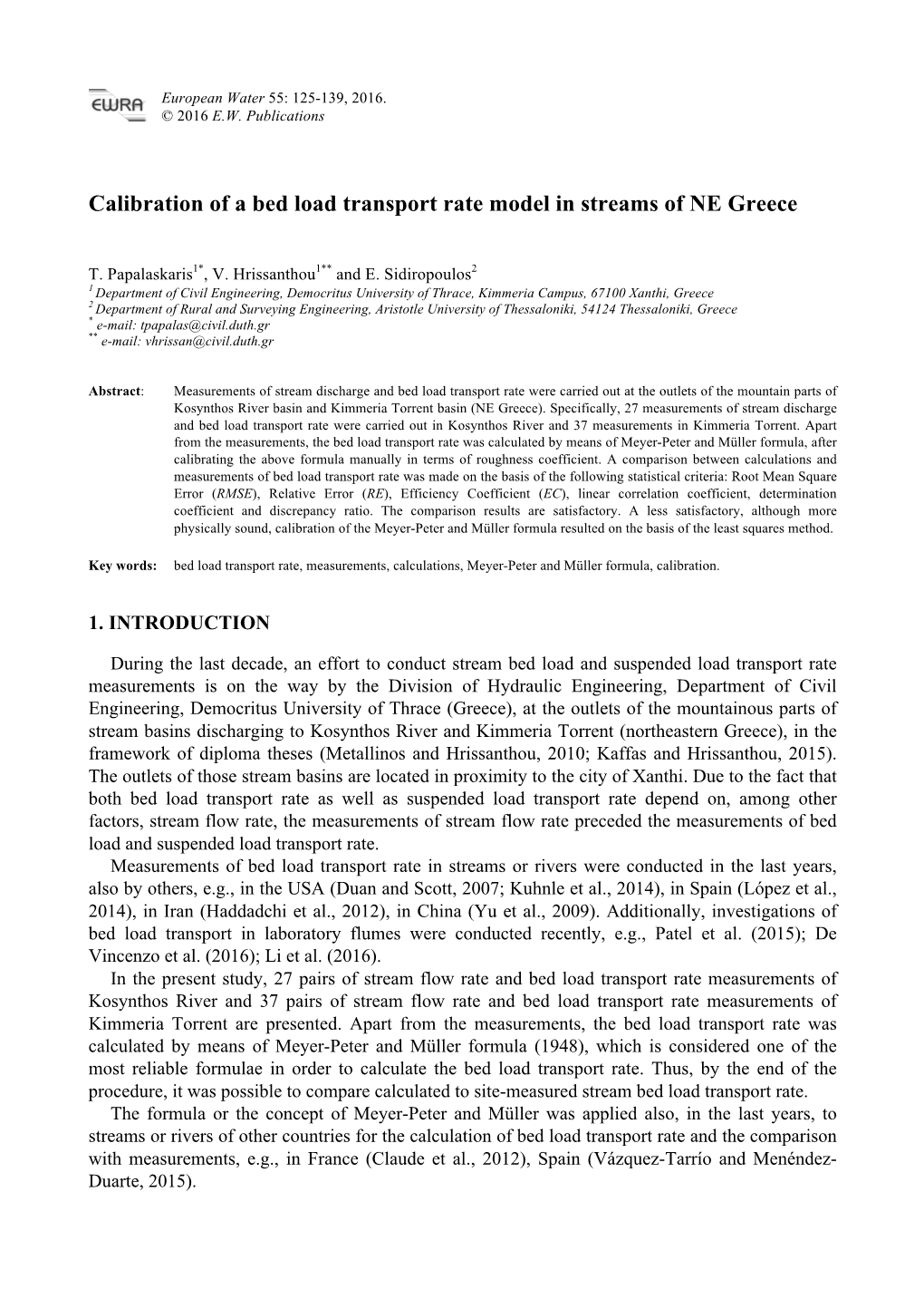 Calibration of a Bed Load Transport Rate Model in Streams of NE Greece