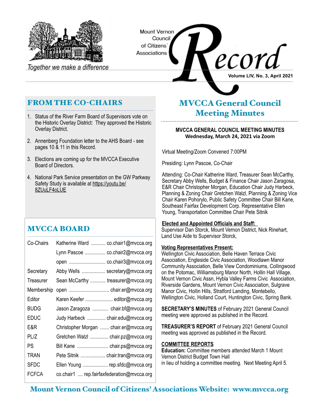 MVCCA GENERAL COUNCIL MEETING MINUTES Wednesday, March 24, 2021 Via Zoom 2