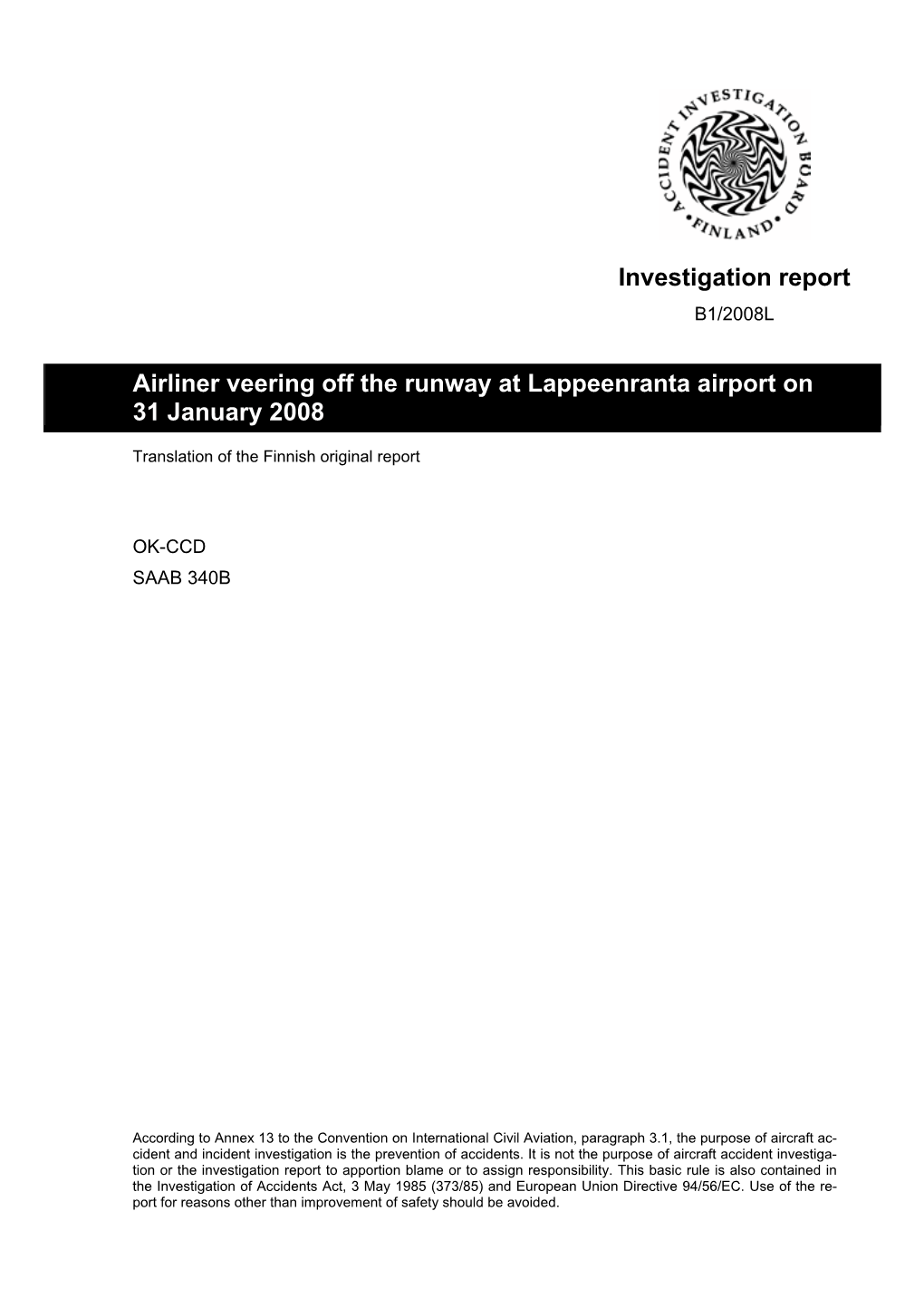 Investigation Report Airliner Veering Off the Runway at Lappeenranta