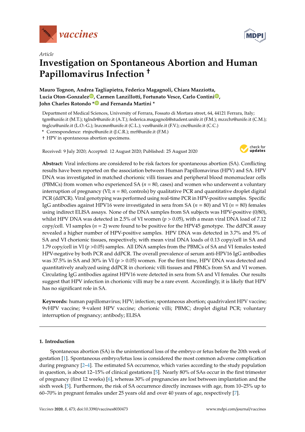 Investigation on Spontaneous Abortion and Human † Papillomavirus Infection