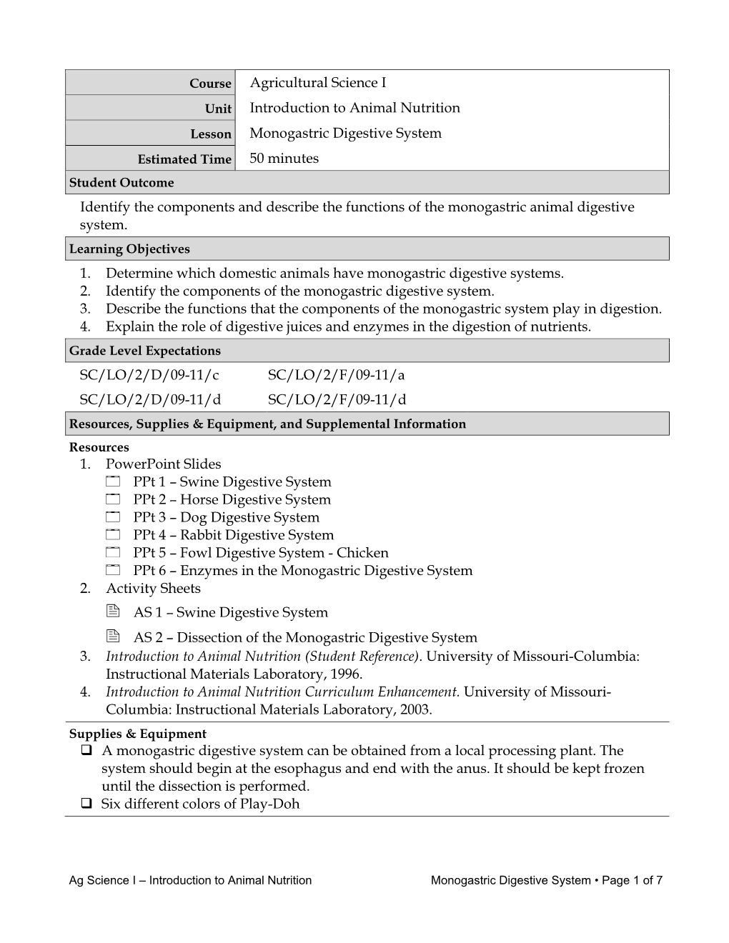 Course Agricultural Science I Unit Introduction to Animal Nutrition