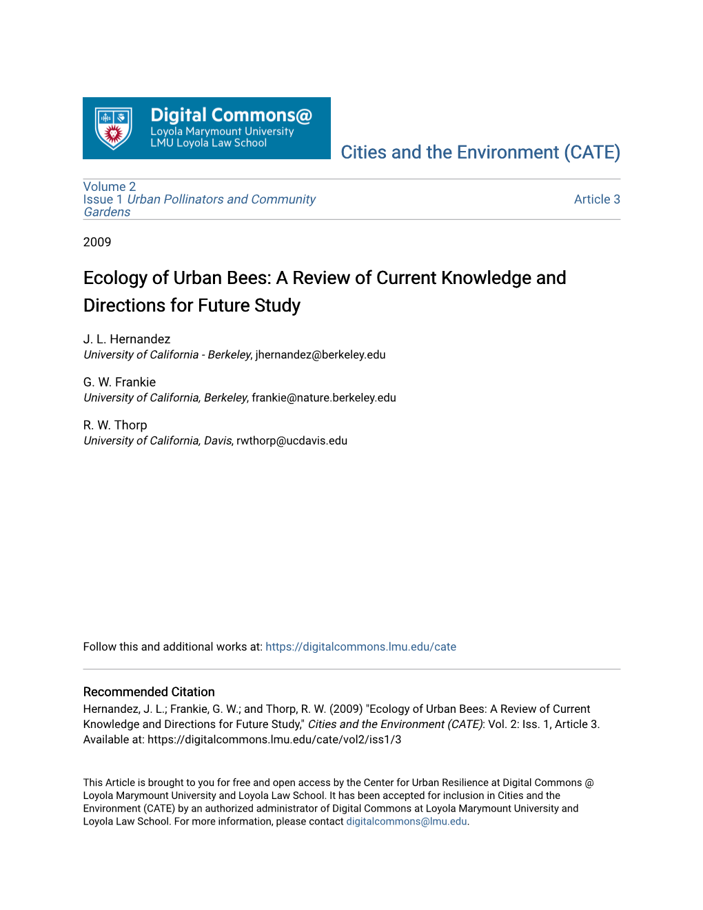 Ecology of Urban Bees: a Review of Current Knowledge and Directions for Future Study