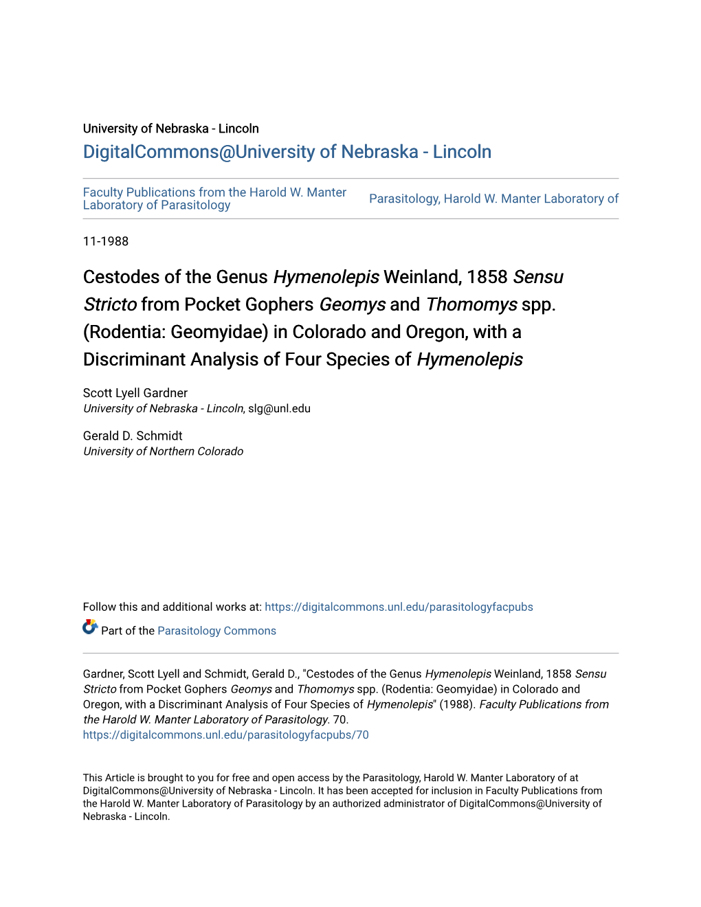 Cestodes of the Genus Hymenolepis Weinland, 1858 Sensu Stricto from Pocket Gophers Geomys and Thomomys Spp