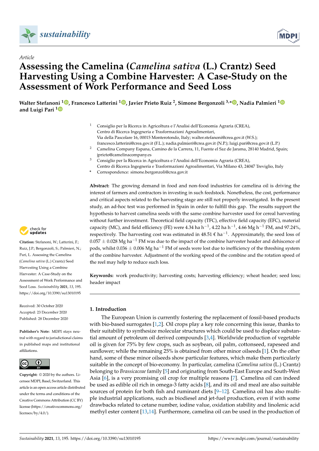 (Camelina Sativa (L.) Crantz) Seed Harvesting Using a Combine Harvester: a Case-Study on the Assessment of Work Performance and Seed Loss