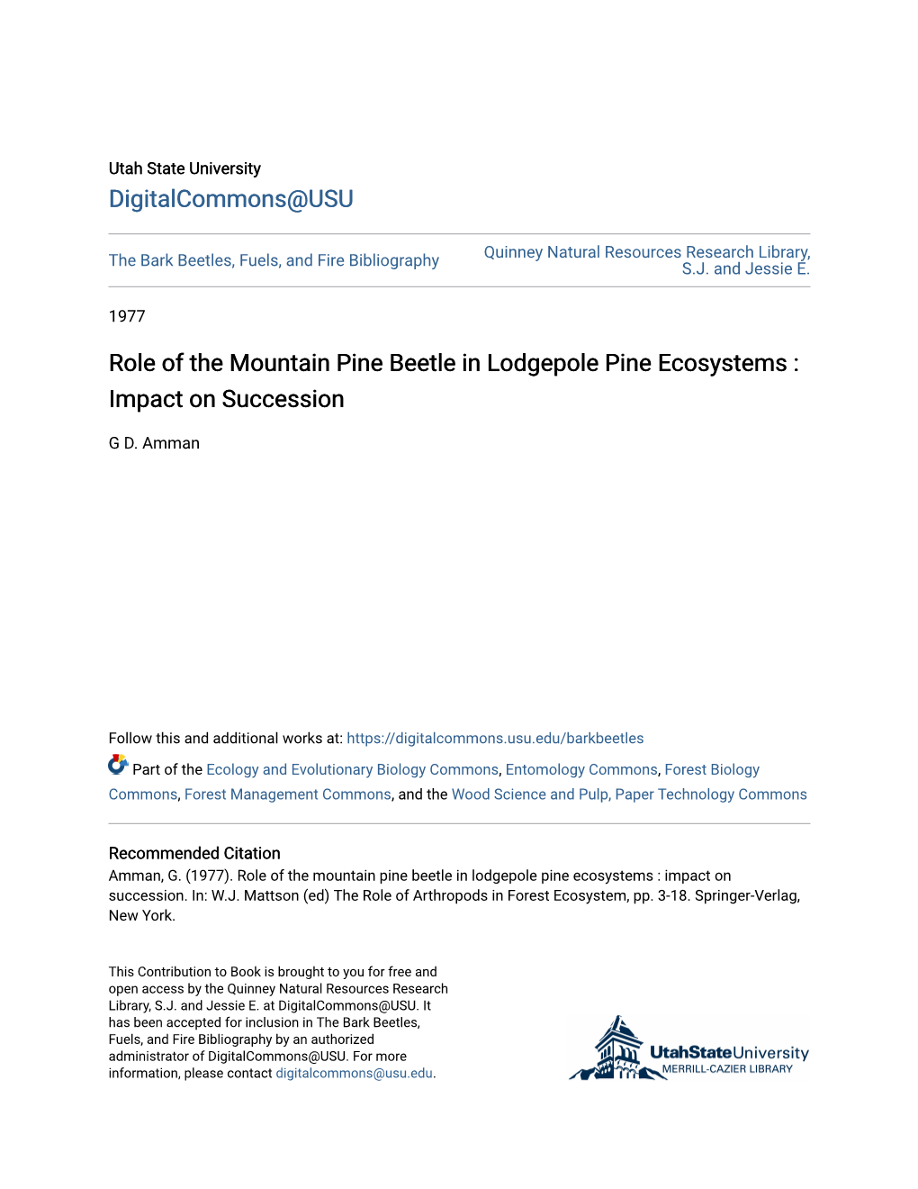 Role of the Mountain Pine Beetle in Lodgepole Pine Ecosystems : Impact on Succession