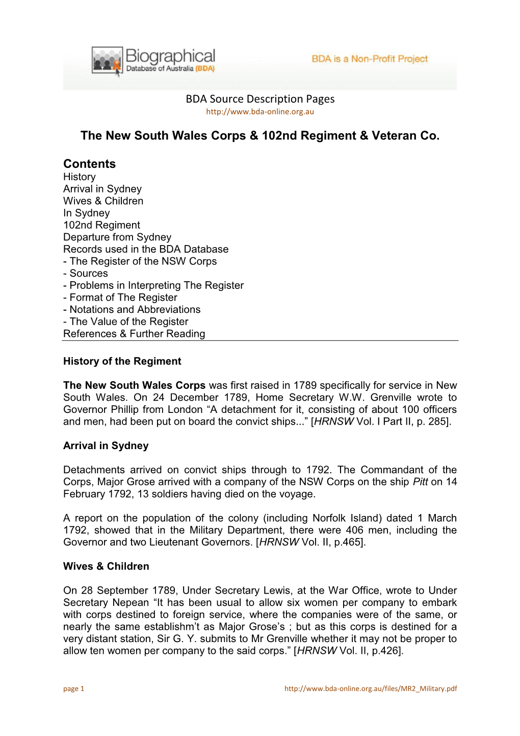 The New South Wales Corps & 102Nd Regiment & Veteran Co. Contents