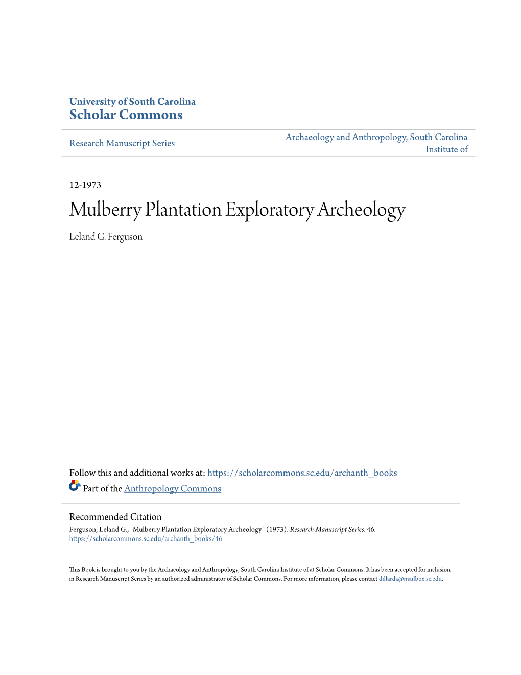 Mulberry Plantation Exploratory Archeology Leland G