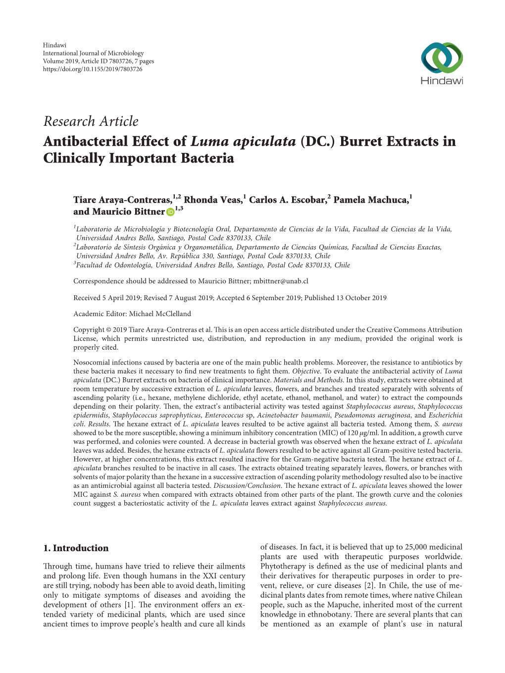 Antibacterial Effect of Luma Apiculata (DC.) Burret Extracts in Clinically Important Bacteria