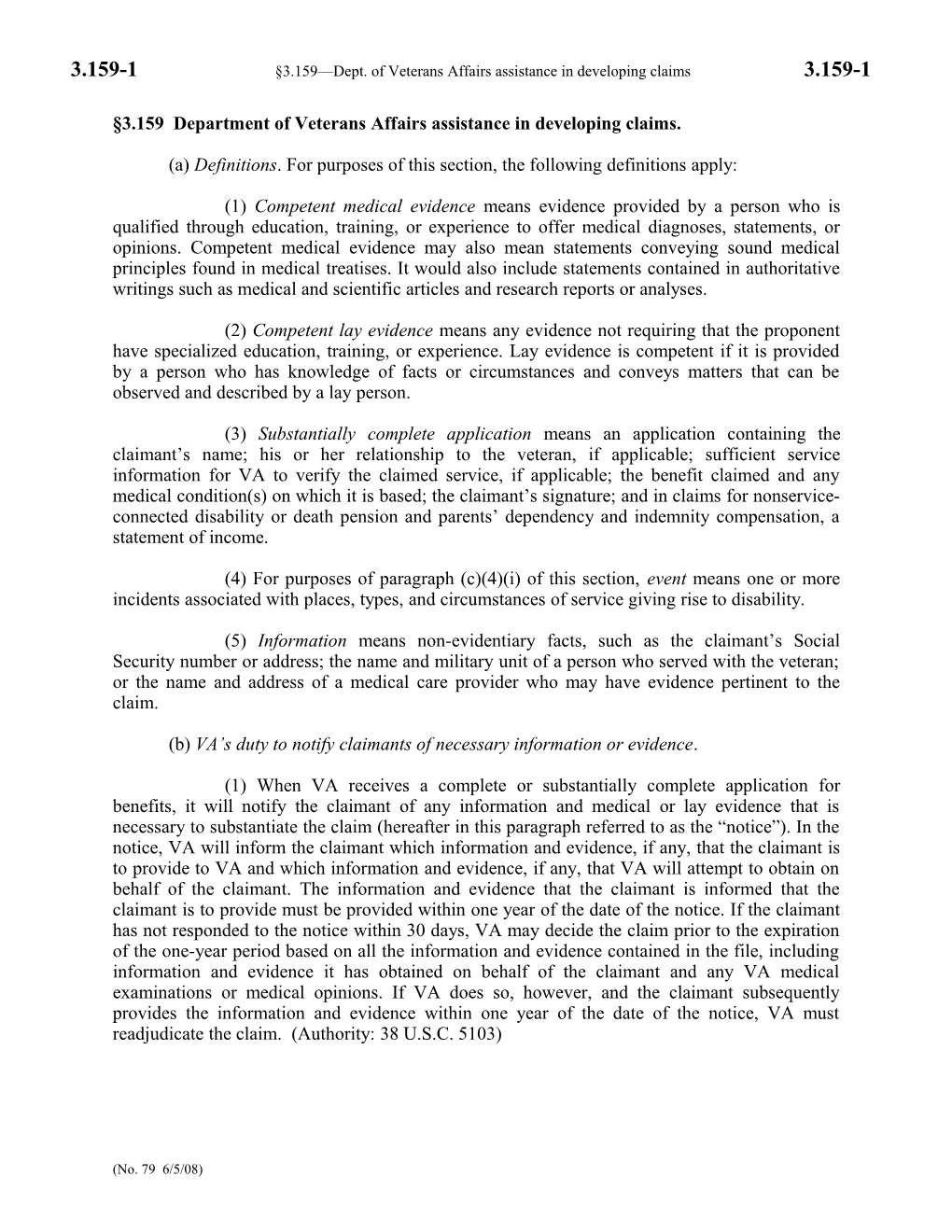 3.159-XXX 3.159 Dept. of Veterans Affairs Assistance in Developing Claims 3.159-XXX