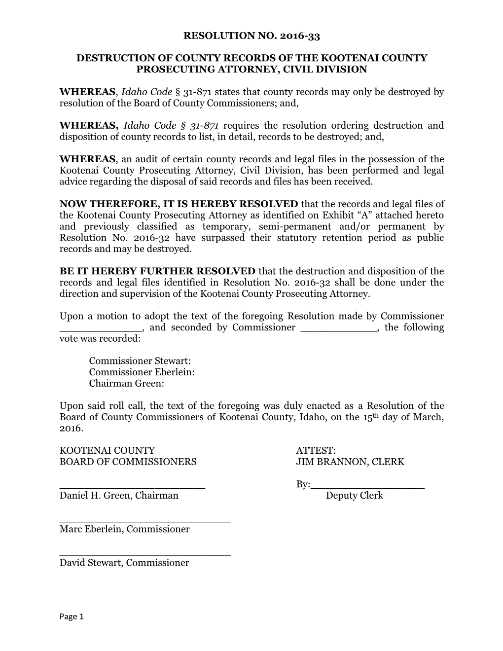 Resolution No. 2016-33 Destruction of County