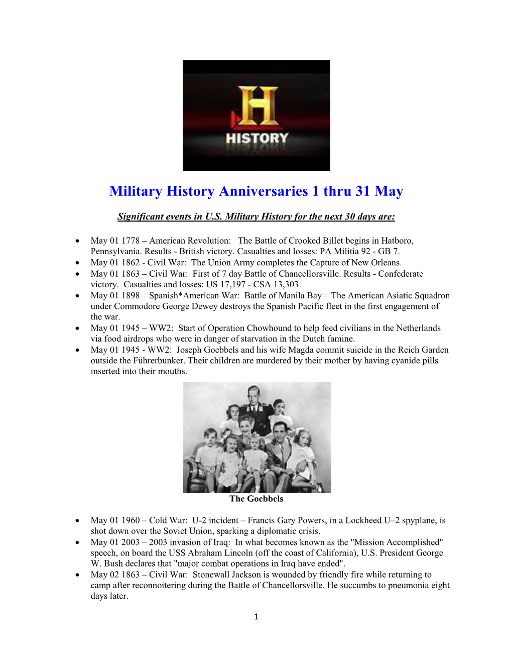 Military History Anniversaries 1 Thru 31 May