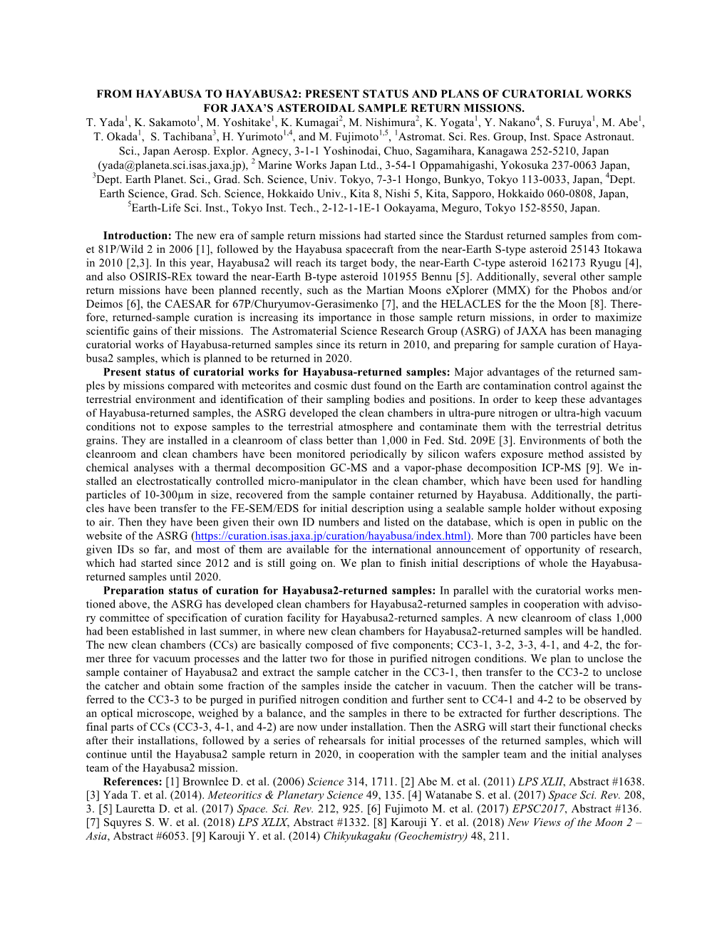 From Hayabusa to Hayabusa2: Present Status and Plans of Curatorial Works for Jaxa’S Asteroidal Sample Return Missions