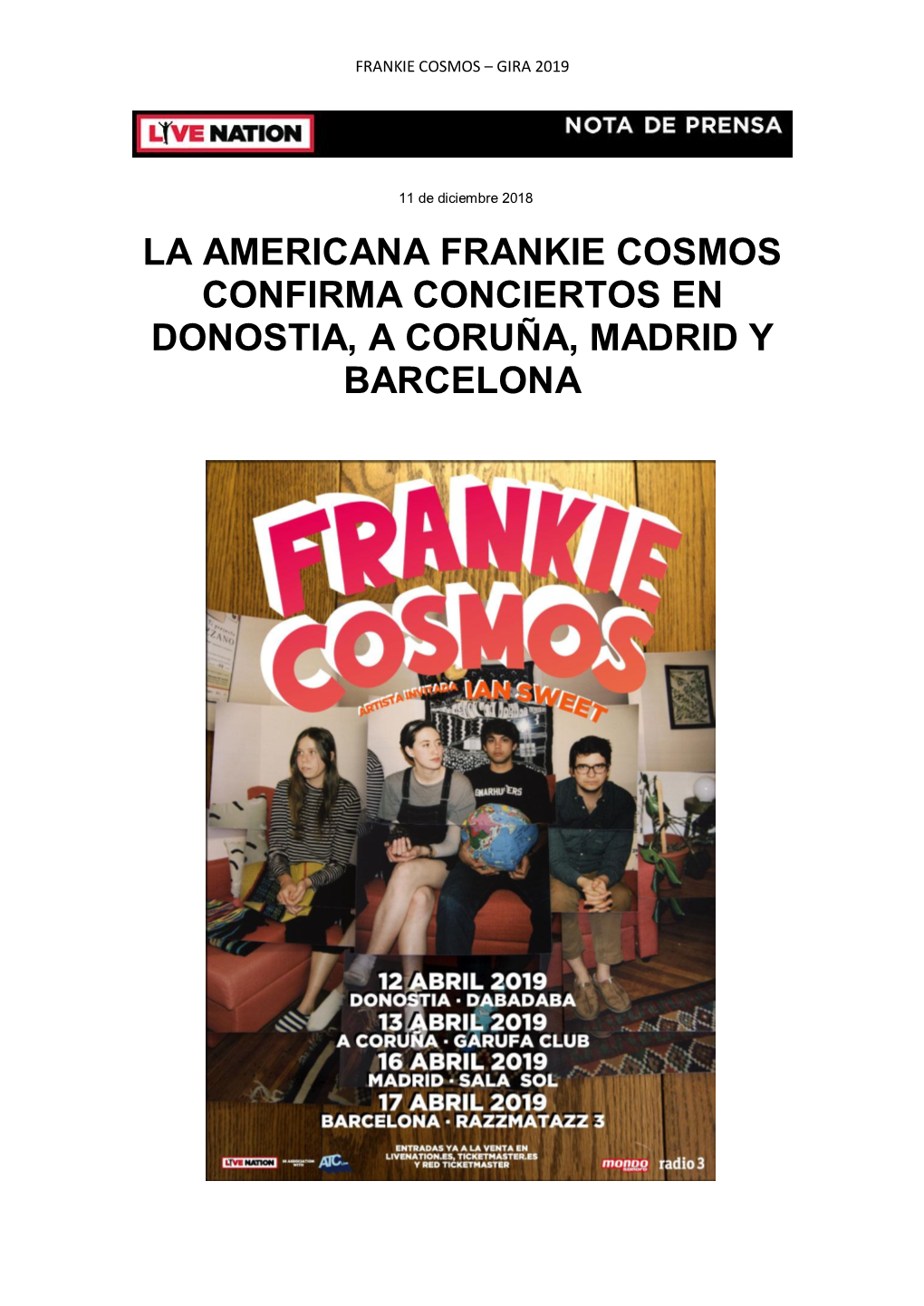 La Americana Frankie Cosmos Confirma Conciertos En Donostia, a Coruña, Madrid Y