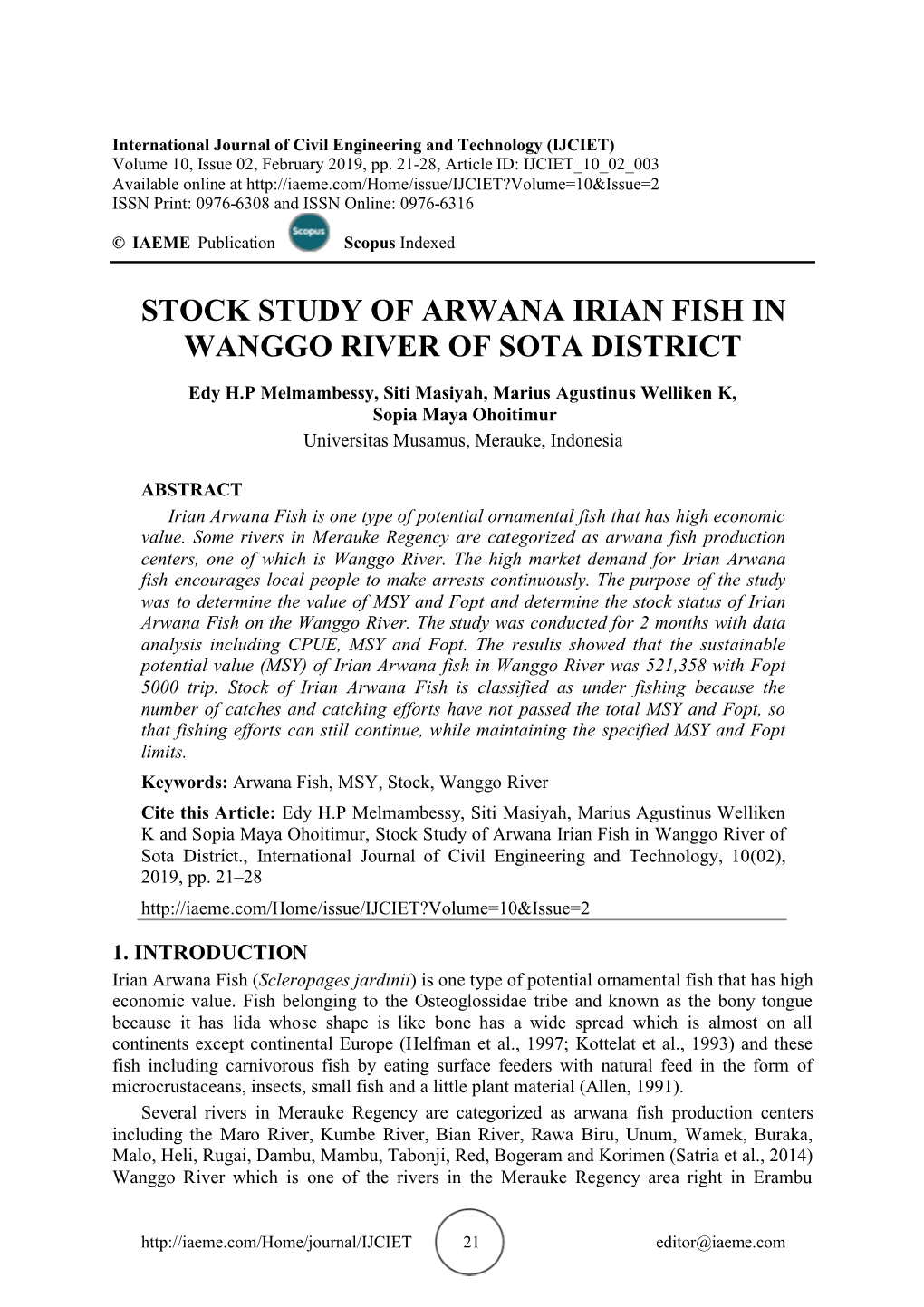 Stock Study of Arwana Irian Fish in Wanggo River of Sota District