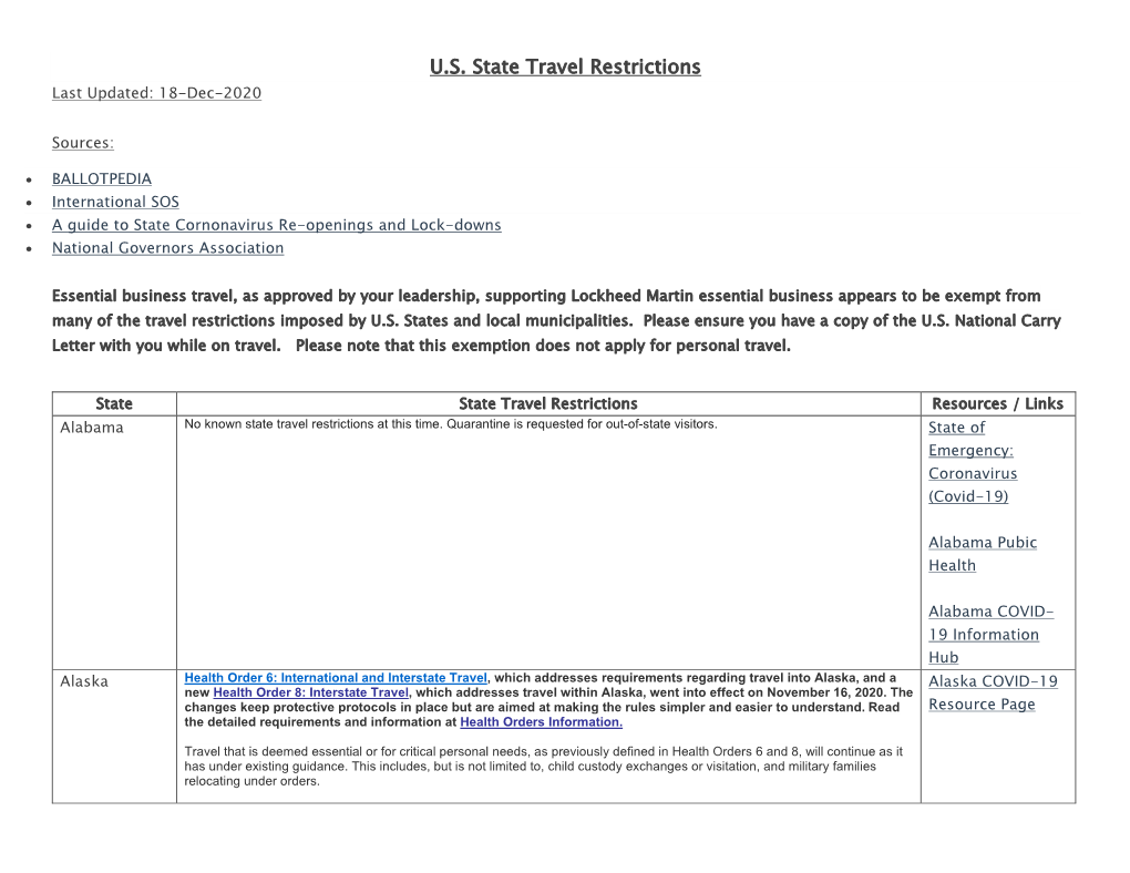 U.S. State Travel Restrictions Last Updated: 18-Dec-2020