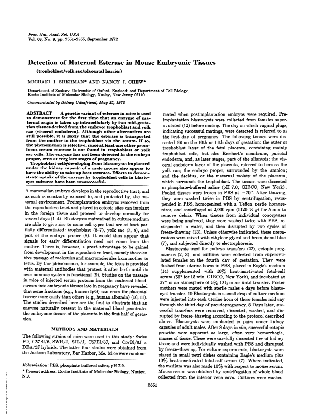 Detection of Maternal Esterase in Mouse Embryonic Tissues (Trophoblast/Yolk Sac/Placental Barrier) MICHAEL I