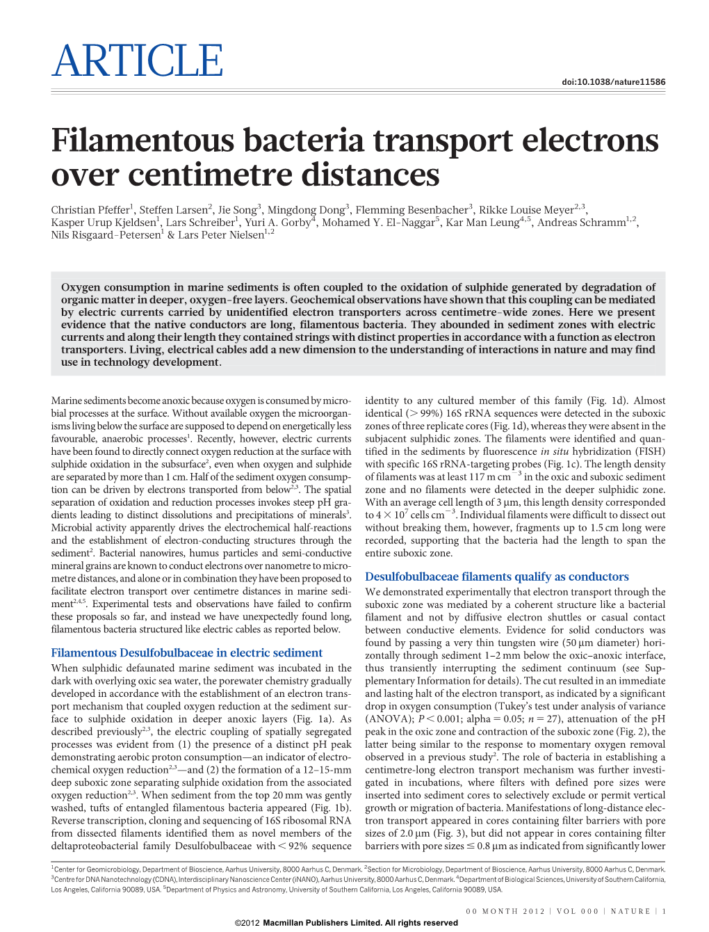 Filamentous Bacteria Transport Electrons Over Centimetre Distances