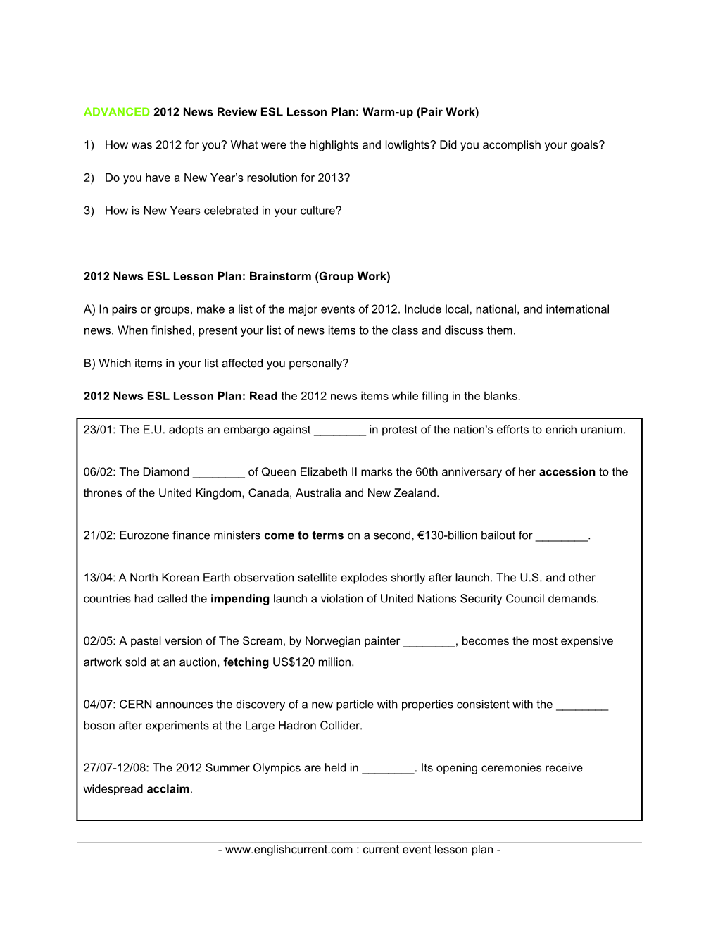 ADVANCED 2012 News Review ESL Lesson Plan: Warm-Up (Pair Work)