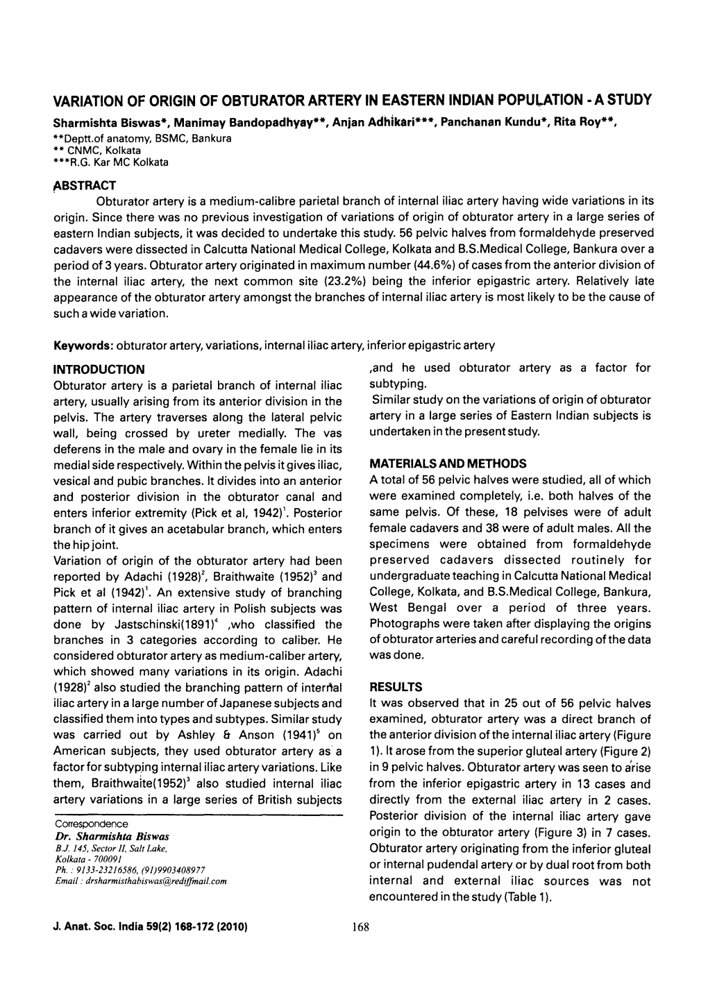 Variation of Origin of Obturator Artery in Eastern Indian Population