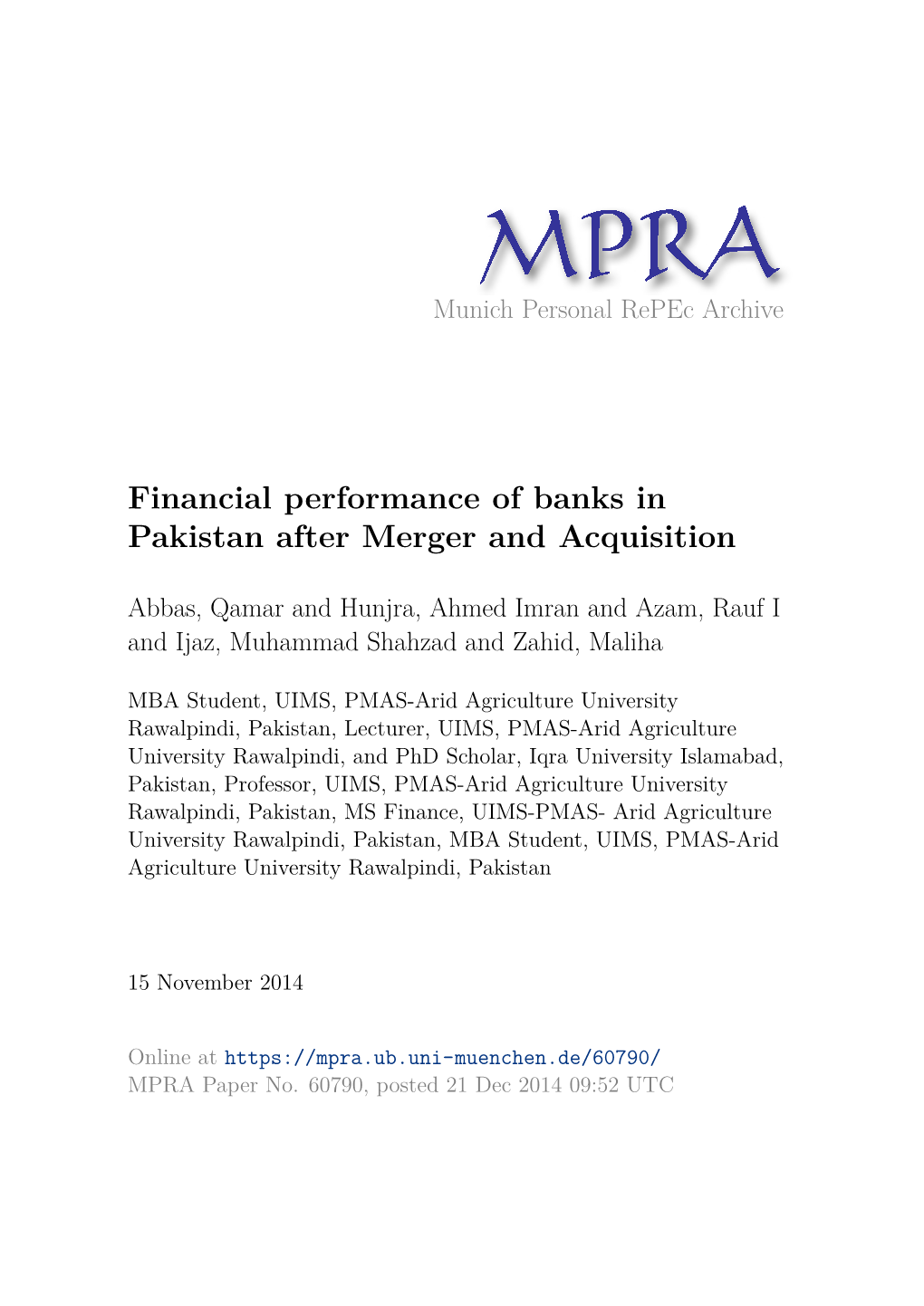 Financial Performance of Banks in Pakistan After Merger and Acquisition