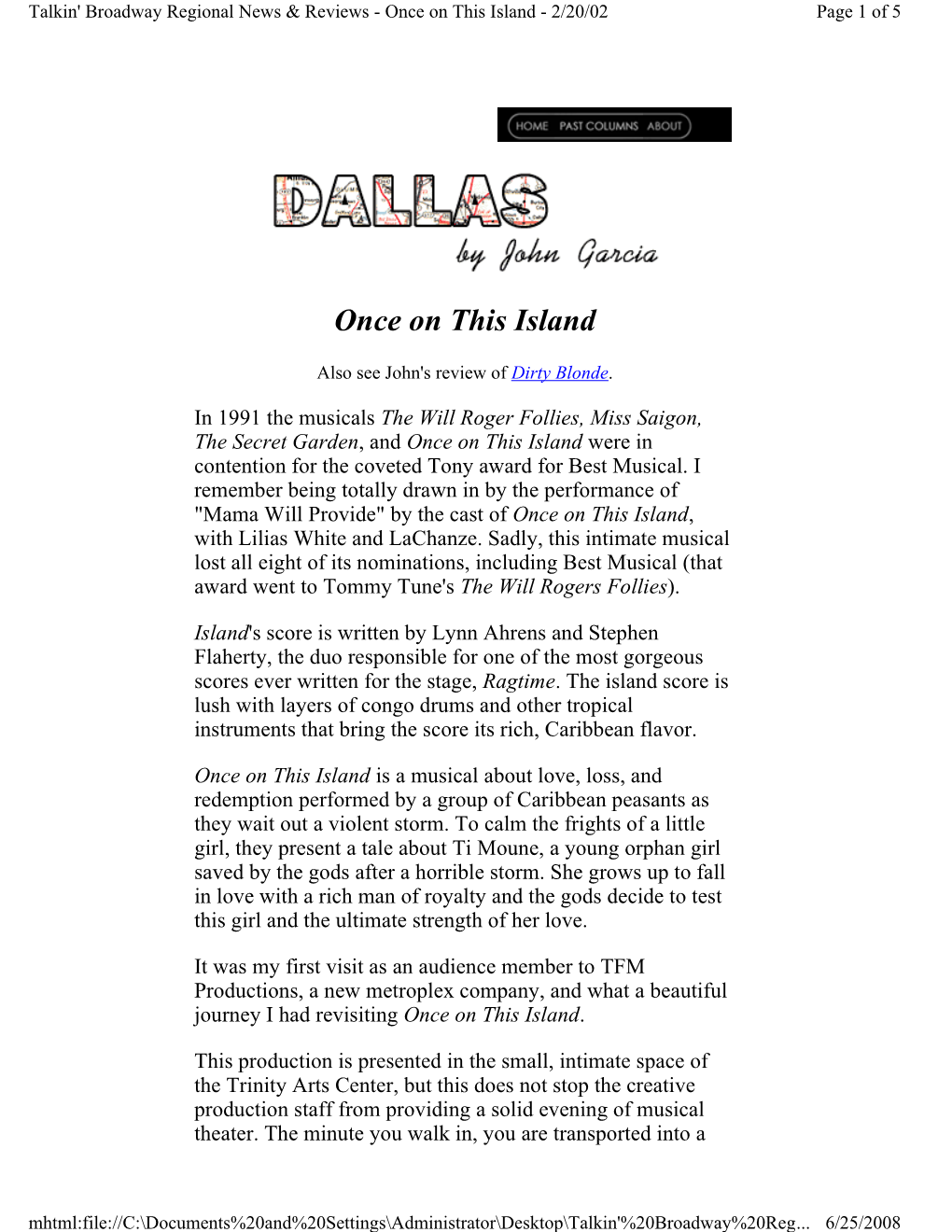 Broadway Regional News & Reviews - Once on This Island - 2/20/02 Page 1 of 5